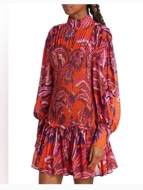 Farm Rio Chevron Forest Smocked Minidress - Orange
